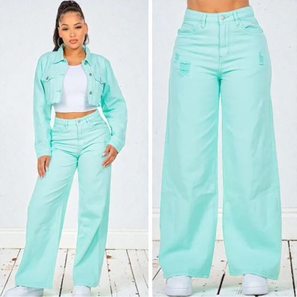 Mint Blue High Rise Distressed Wide Leg Jeans NWT | American Bazi